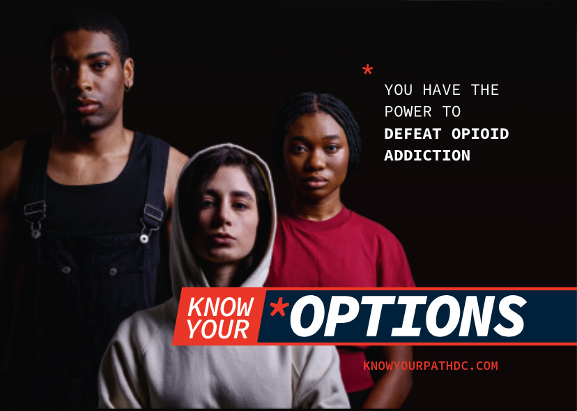 options flyer with three people on dark background