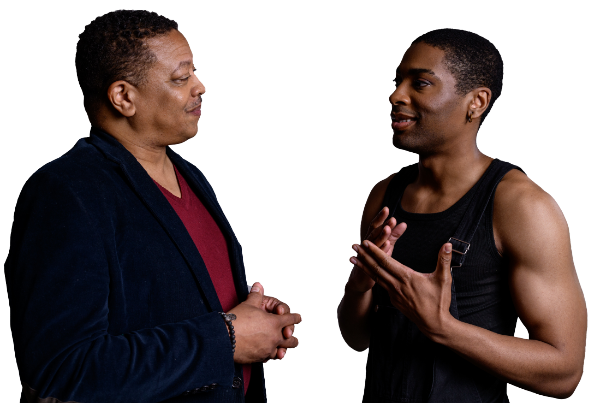 two men facing each other talking