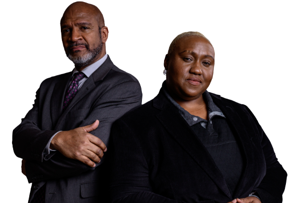 man and woman standing back to back